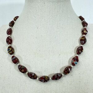 Murano Millefiori Glass Bead Necklace Red Floral‎ Pop Artsy Boho